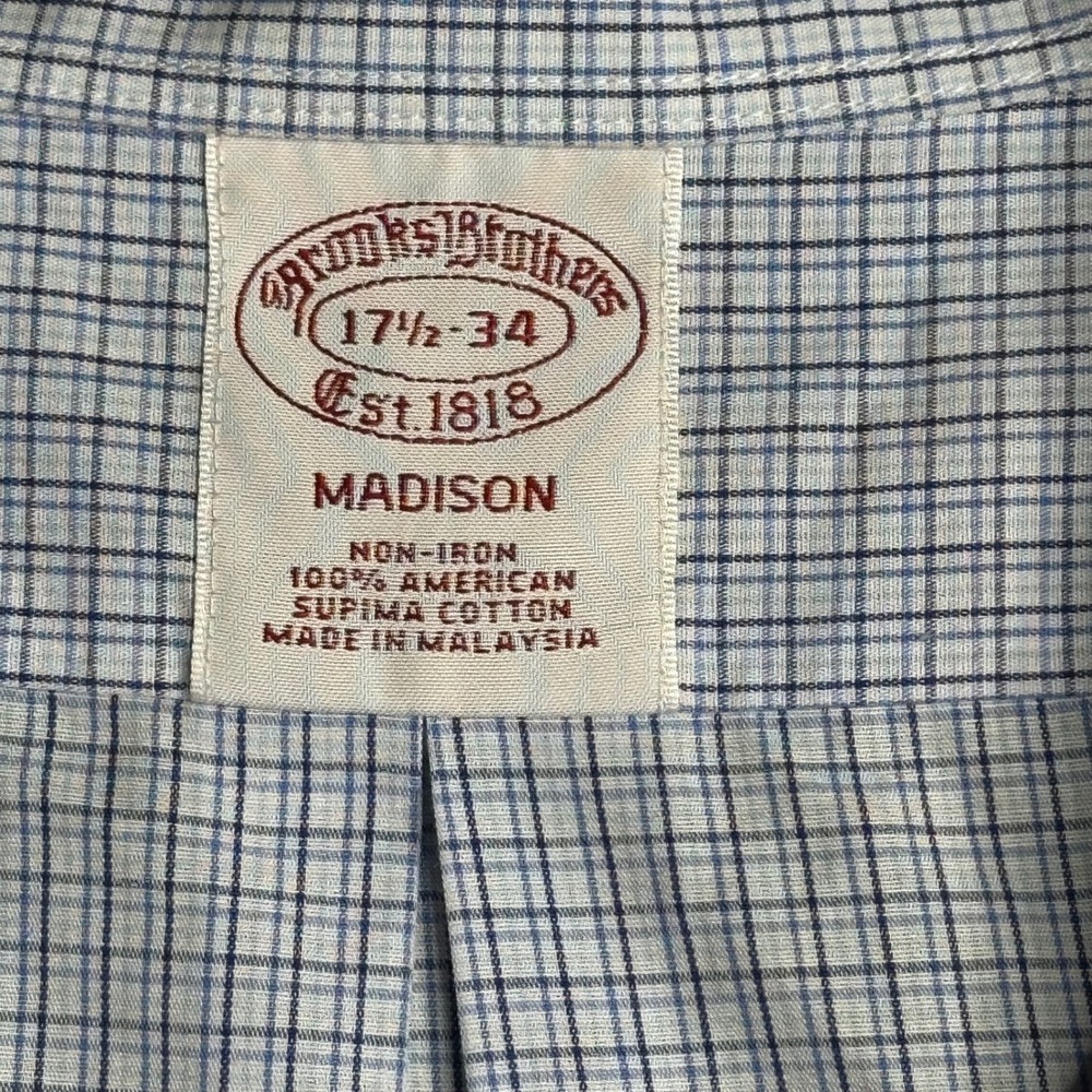 Brooks Brothers Madison Fit Gingham Dress Shirt Mens 17 1/2 34 Blue White Check - Picture 4 of 8